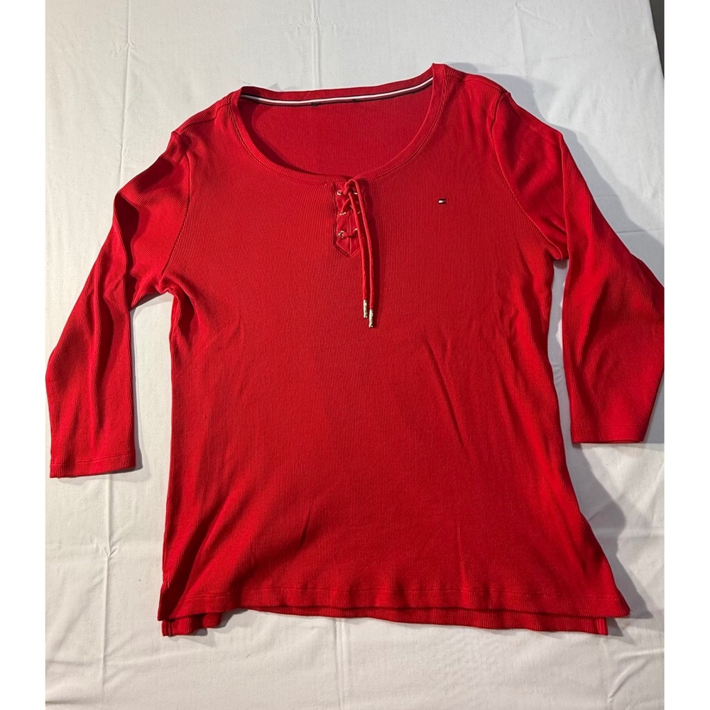Tommy Hilfiger Red Ribbed Cotton Lace Up Long Sleeve Top Small